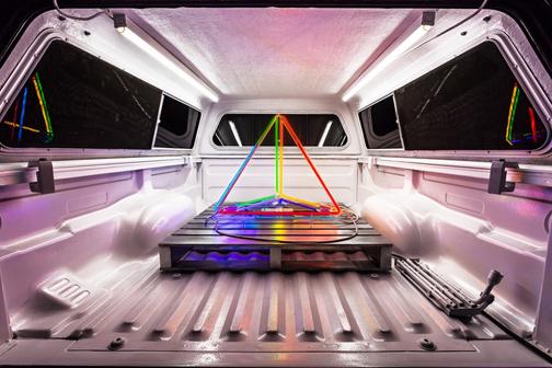 Dylan Neuwirth, INTERFACE, 2015, neon, argon, glass, nickel, acrylic, GTO and two transformers on artist made aluminum pallet, 36 x 36 x 30 inches.