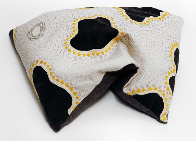 Allison Manch, Tony, 2015, embroidery and graphite on cotton, 9.5 x 14.5 x 3 inches. 