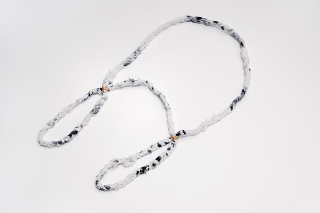 Allison Manch, Farrah, 2014, braided and tied cotton fabric with embellishments, overall 22 x 22 inches.