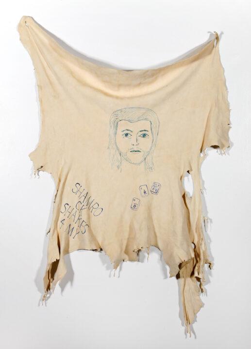 Allison Manch, Prevailing Wind, 2014, ink on leather, 40 x 25 inches.