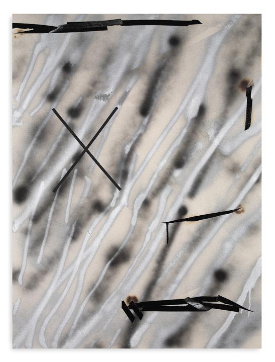 Ian Toms, HURTCORE (basement hammer bowieknife blowtorch), 2012, enamel and tape on scorched canvas, 44 x 33 inches.