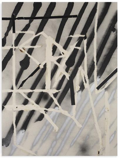 Ian Toms, FERALTEEN (ways to bang), 2012, enamel and tape on scorched canvas, 44 x 33 inches.