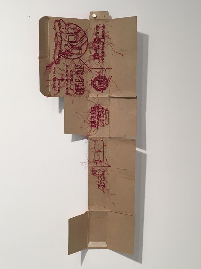 Nicola Ginzel, 2017, embroidery on cardboard with wax and ink, 18 x 7 inches.