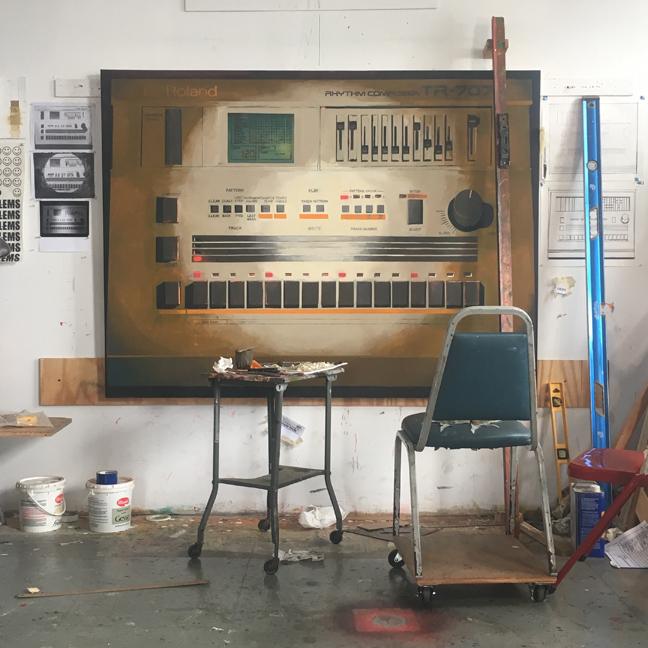 Studio view with TR-707 in progress, 2018.