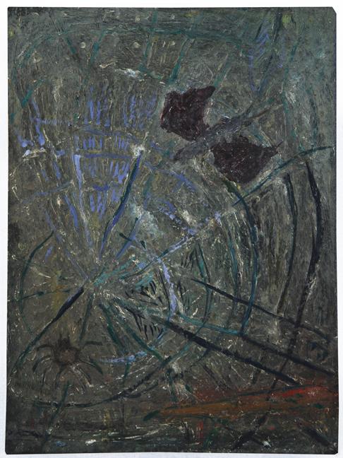 Peter Scherrer, Moth and Spider, 2013, oil on canvas over panel, 10 x 7.5 inches.