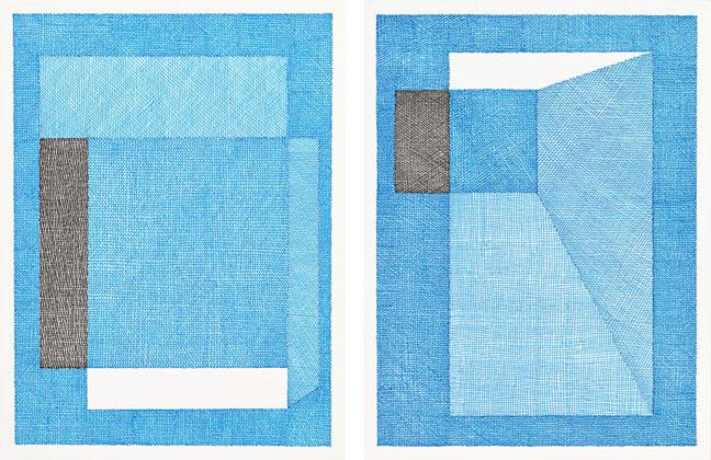 Michael Ottersen, Double Portrait of a Ladyfinger/Fontainbleau, diptych, 2016, ink on paper, 12 x 9 inches each