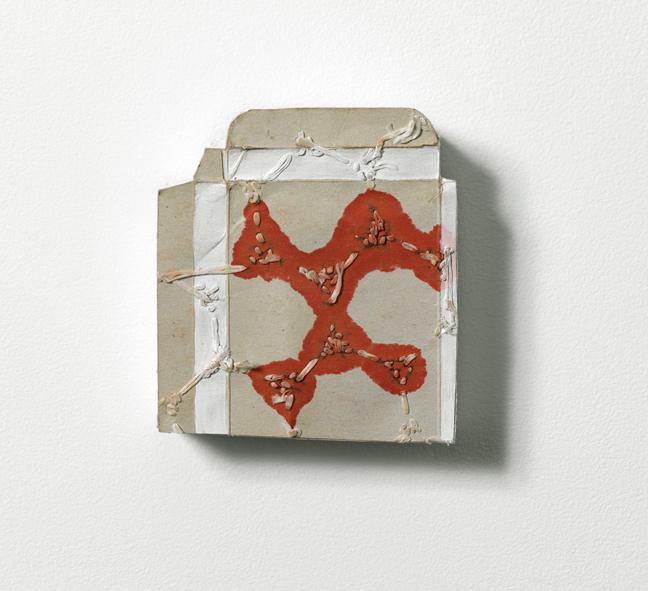 Nicola Ginzel, Composite No. 2, Suppen Würfel Umgedreht, 2007-17, embroidery on cardboard with ink, 5 x 4.5 x 1 inches.