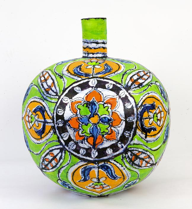 Elisabeth Kley, Large Green and Gold Round Lotus Bottle, 2012, glazed earthenware, 21" high.