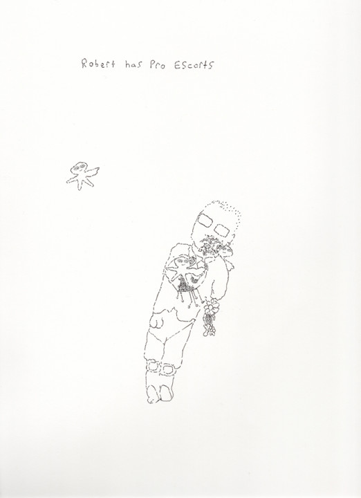 Sean Pearson, Robert Has Pro Escorts, 2017, permanent ink on paper, 17 x 11 inches.
