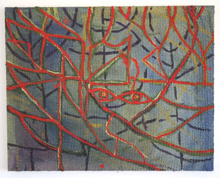 Peter Scherrer, Sticks, Eyes, 2014, oil on burlap on panel, 16 x 20 inches.