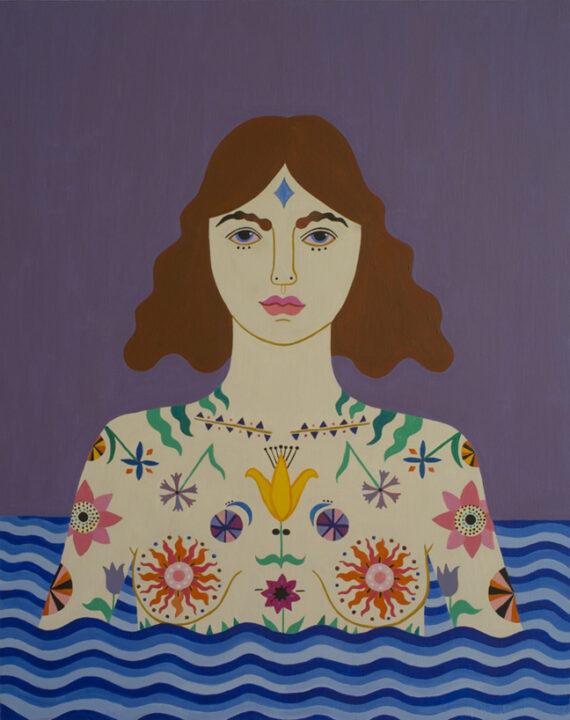 Caris Reid, Water Warrior (Purple Sky), 2014 acrylic on panel, 24 x 30 inches.